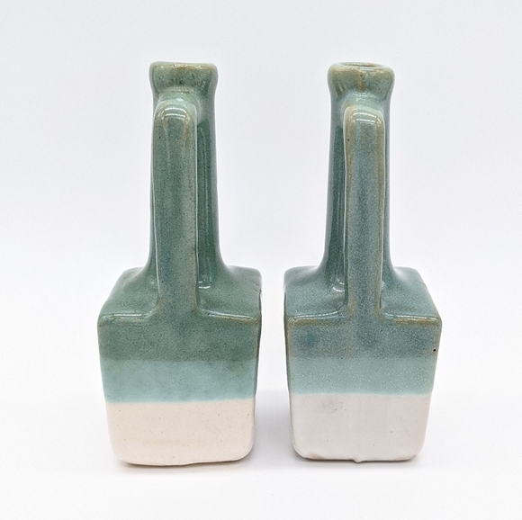 Vintage long neck blue white green ceramic vases with handles - Picture 3 of 8